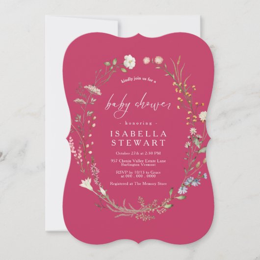Modern Hot Pink Script Wildflower Baby shower Kaart (Voorkant)