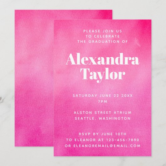 Modern Hot Pink Waterverf Trendy Chic Afstuderen Kaart (Voorkant / Achterkant)