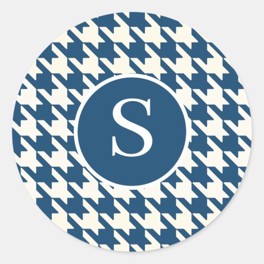 Modern Houndstooth Blauw & Wit Monogram Ronde Sticker (Voorkant)