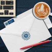 Modern Houndstooth Blauw & Wit Monogram Ronde Sticker