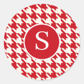 Modern Houndstooth Cherry Red & White Monogram Ronde Sticker (Voorkant)