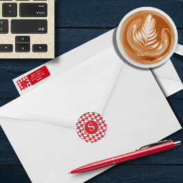 Modern Houndstooth Cherry Red & White Monogram Ronde Sticker