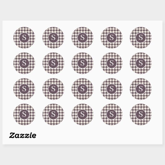 Modern Houndstooth Paarse Plum Monogram Ronde Sticker (Vel)