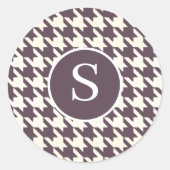 Modern Houndstooth Paarse Plum Monogram Ronde Sticker (Voorkant)