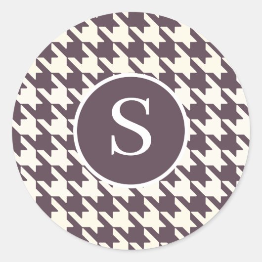 Modern Houndstooth Paarse Plum Monogram Ronde Sticker (Voorkant)