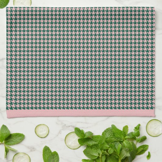 Modern Houndstooth Pattern Vakantie Groen & Roze Theedoek (Gevouwen)