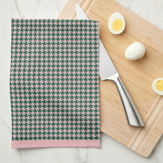 Modern Houndstooth Pattern Vakantie Groen & Roze Theedoek (Quarter Fold)
