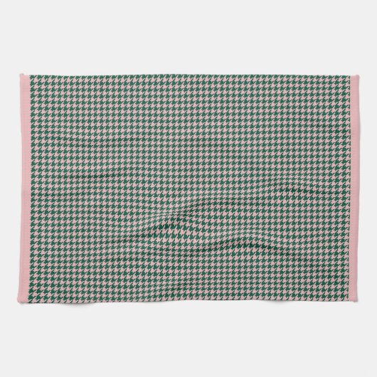 Modern Houndstooth Pattern Vakantie Groen & Roze Theedoek (Horizontaal)