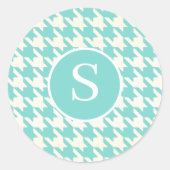 Modern Houndstooth Robin Blauw & Wit Monogram Ronde Sticker (Voorkant)