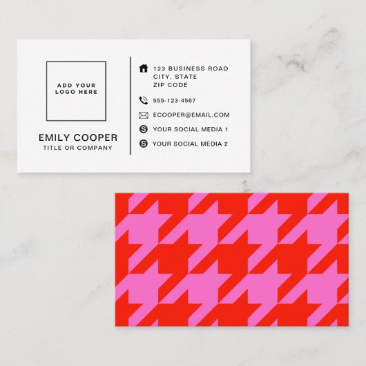 Modern Houndstooth Toevoegen Logo Neon Roze en Roo Visitekaartje (Voorkant / Achterkant)