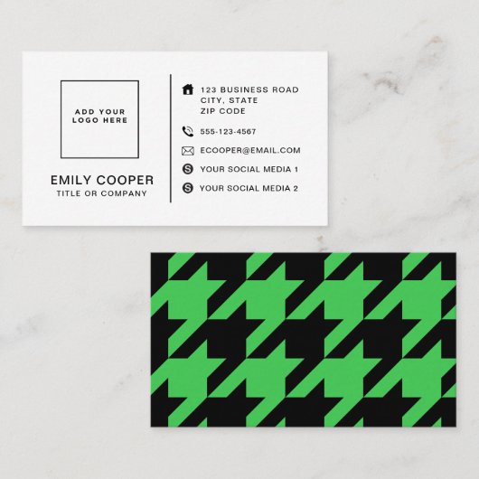Modern Houndstooth Toevoegen Logo Zwart en Groen Visitekaartje (Voorkant / Achterkant)