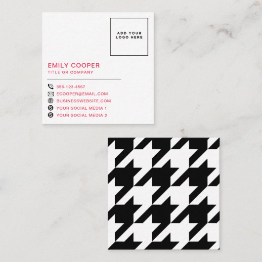 Modern Houndstooth Toevoegen Logo Zwart Wit Vierkante Visitekaartje (Voorkant / Achterkant)