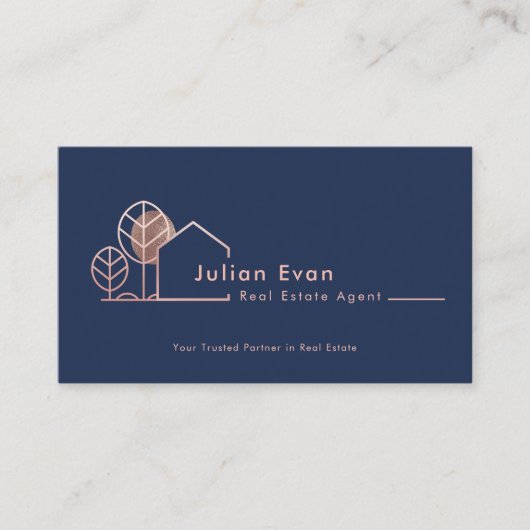 Modern House Logo Navy Blue Roos Gold Realtor Visitekaartje (Voorkant)
