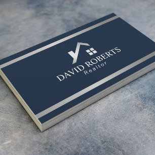 Modern House Logo Real Estate Realtor Navy Silver Visitekaartje