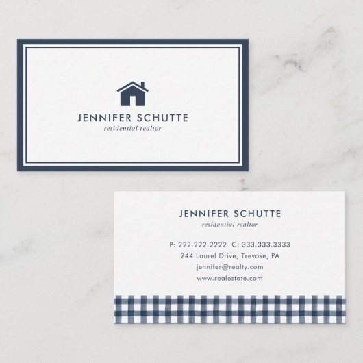 Modern House Simple Navy Pset Real Estate Agent Visitekaartje (Voorkant / Achterkant)