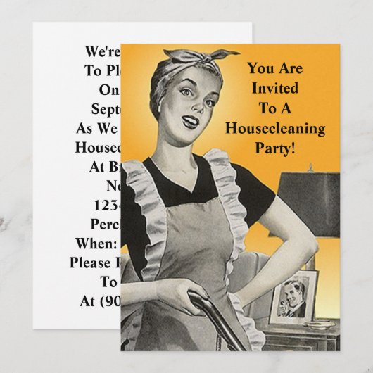 Modern Housecleaning Party w/ Retro Fun Invitation Kaart (Voorkant / Achterkant)