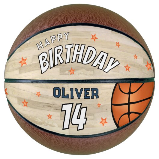 Modern houten hof Happy Birthday Keepsake Basketbal (Voorkant)