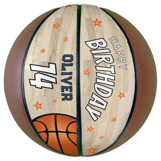 Modern houten hof Happy Birthday Keepsake Basketbal (Verticaal)