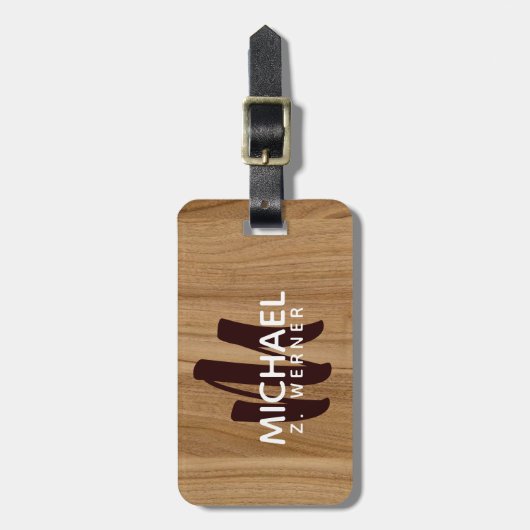 Modern houten-kleur bruin monogram naam reizen bagagelabel (Voorkant verticaal)