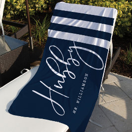 Modern Hubby Script Nautical Navy & White Stripes Strandlaken