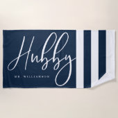 Modern Hubby Script Nautical Navy & White Stripes Strandlaken (Voorkant)