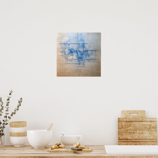 Modern huis blauwdruk ontwerp poster (Keuken)