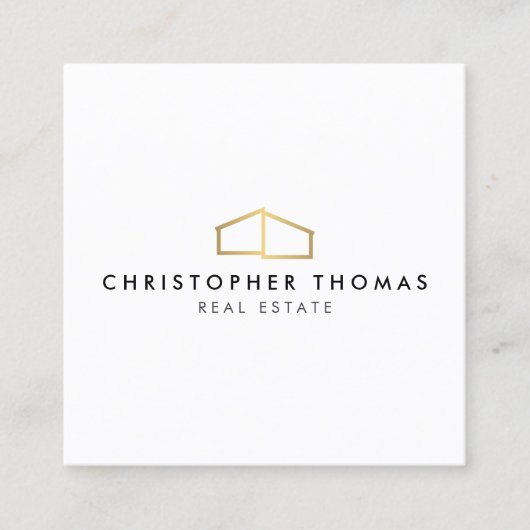 Modern Huis Logo Faux Goud op Wit Vierkante Visitekaartje (Voorkant)