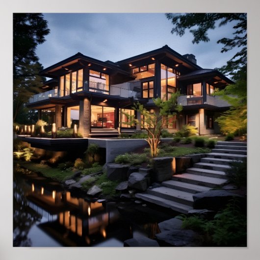 Modern huis met waterpartij poster (Voorkant)