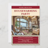 Modern huisfeest uitnodiging met rode en beige tin (Voorkant)