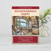 Modern huisfeest uitnodiging met rode en beige tin (Staand voorkant)