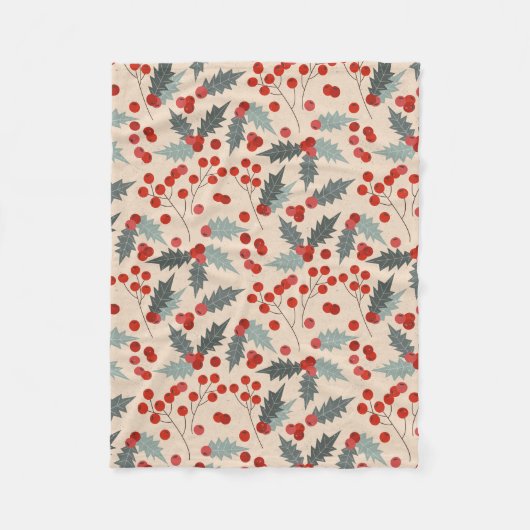 Modern Hulstbes Kerst Botanisch Patroon Fleece Deken (Voorkant)