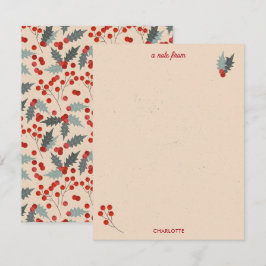 Modern Hulstbes Kerst Botanisch Patroon Notitiekaartje