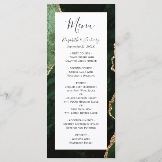 Modern Hunter Green Gold Agate Wedding Menu (Voorkant)