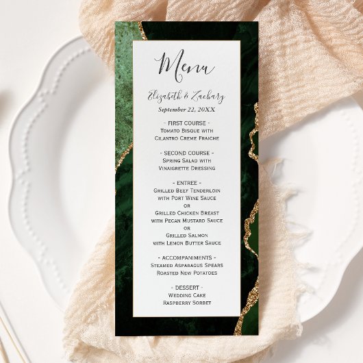 Modern Hunter Green Gold Agate Wedding Menu