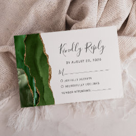 Modern Hunter Green Gold Agate Wedding RSVP Kaartje