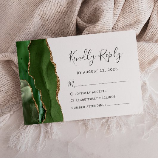 Modern Hunter Green Gold Agate Wedding RSVP Kaartje