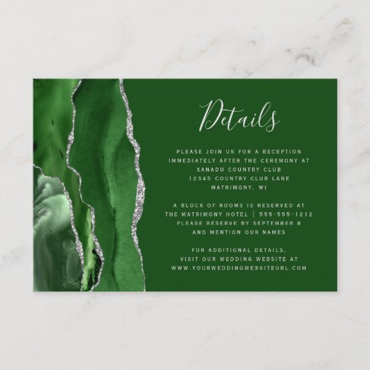 Modern Hunter Green Silver Agate Wedding Details Informatiekaartje (Voorkant)