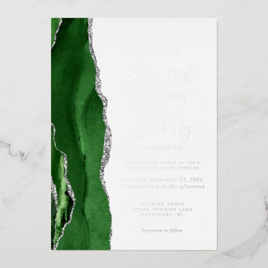 Modern Hunter Green Silver Agate Wedding Folie Uitnodiging (Voorkant)
