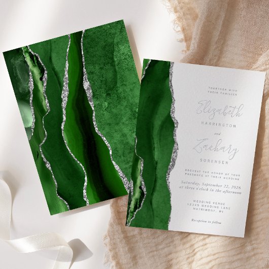 Modern Hunter Green Silver Agate Wedding Folie Uitnodiging