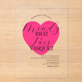 Modern Huwelijk Script Zwarte Roze Hart Acryl Uitnodigingen (Voorkant)