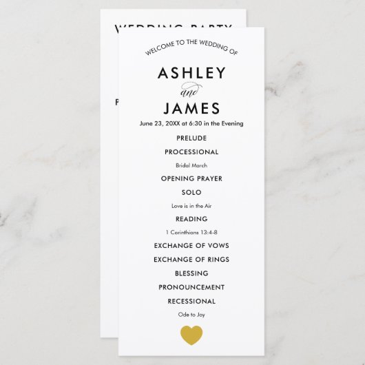 Modern huwelijksprogramma voor ceremonie, Gold Hea Programmakaart (Voorkant / Achterkant)