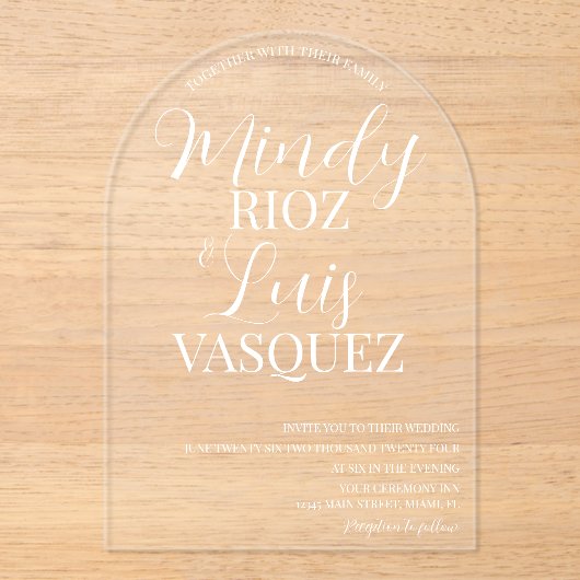 Modern huwelijksscript wit acryl uitnodigingen (Voorkant)