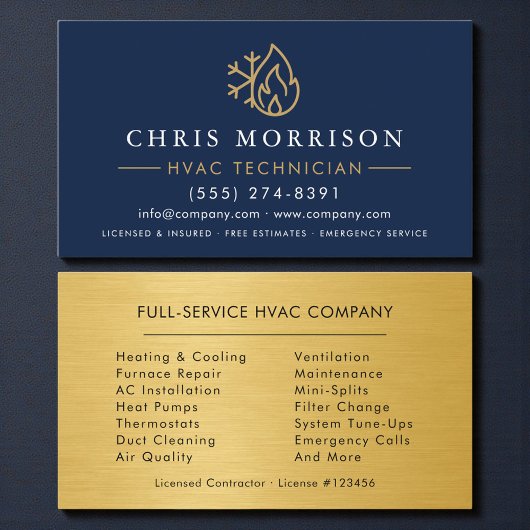 Modern HVAC Navy Blue Gold Logo Visitekaartje