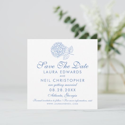 Modern Hydrangea Dusty Blue Floral Wedding Save The Date (Staand voorkant)