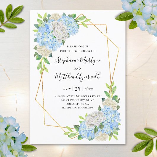 Modern Hydrangea White Roses Geometric Wedding Kaart