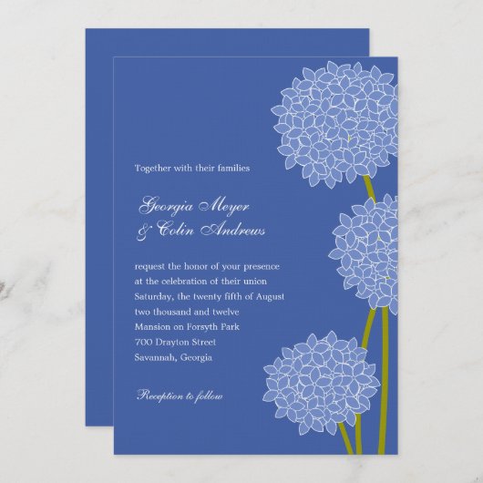 Modern Hydrangeas Wedding Invitation - Blue Kaart (Voorkant / Achterkant)