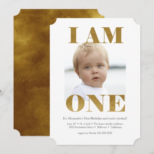 Modern "I AM ONE" Gold 1st Birthday Kaart (Voorkant / Achterkant)