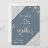 Modern Ice Blue en Silver Glitter 3-foto bruiloft Kaart (Voorkant)