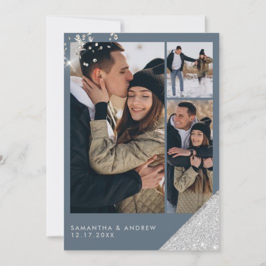 Modern Ice Blue en Silver Glitter 3-foto bruiloft Kaart (Achterkant)