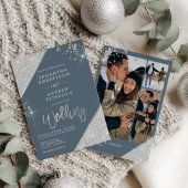 Modern Ice Blue en Silver Glitter 3-foto bruiloft Kaart